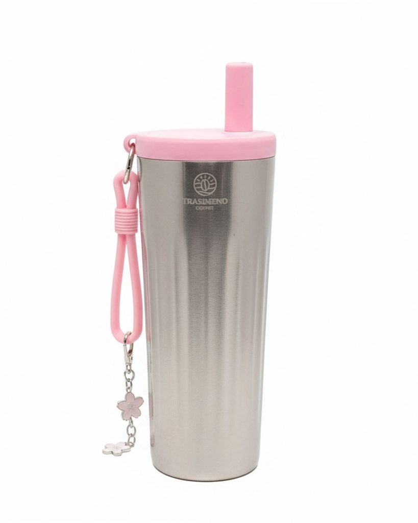 [TMP-000250] Stainless steel silver cup with pink lid 550 ml