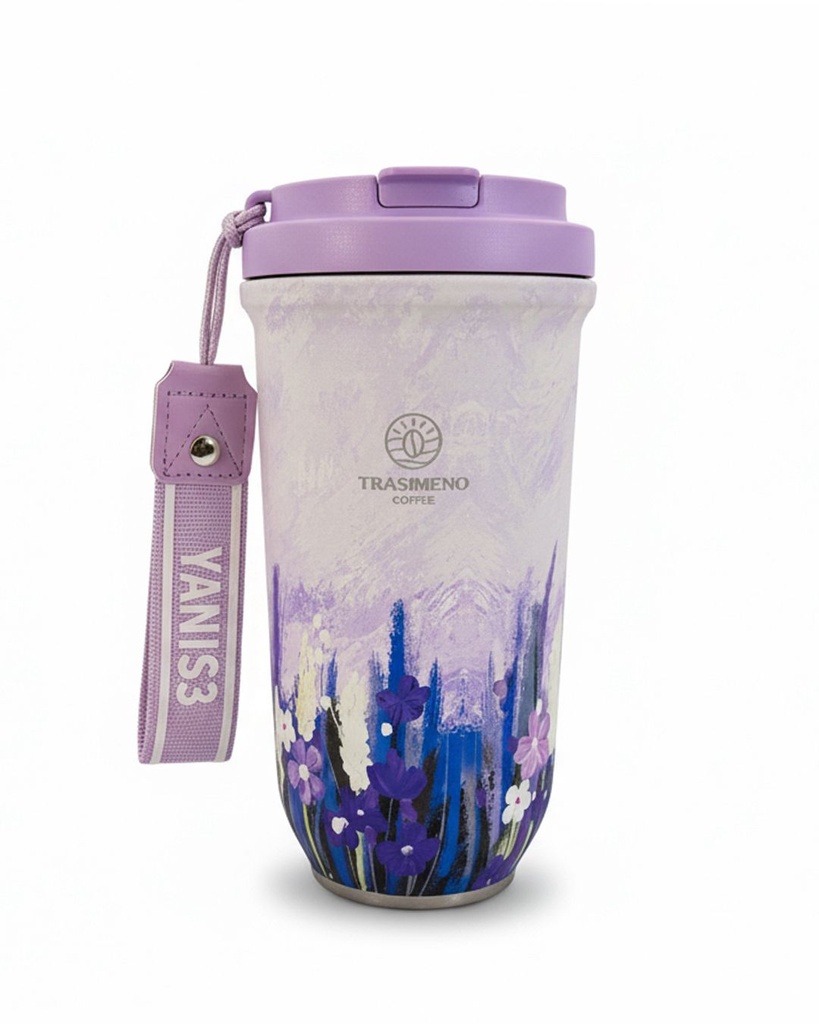 [TMP-000247] White cup with purple floral design 600ml